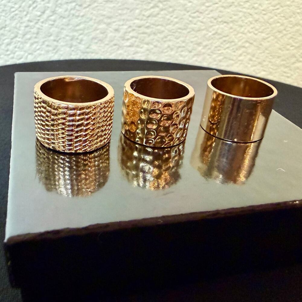 Gold Geometric Ring Set Textured Band Cutout Rhinestone Stacking Rings - Picture 7 of 11